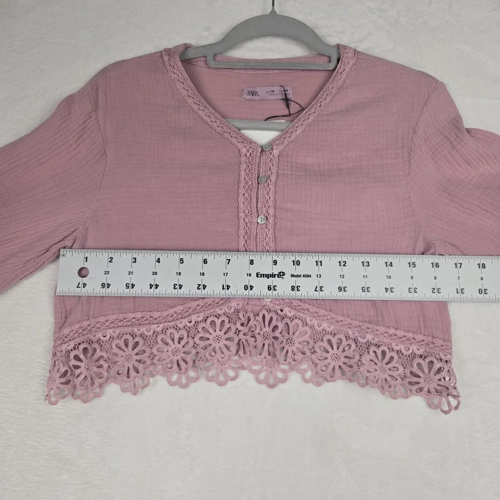 NWT Zara Womens Pink Lace Cropped Blouse Size‎ 10 Long Sleeve Cropped